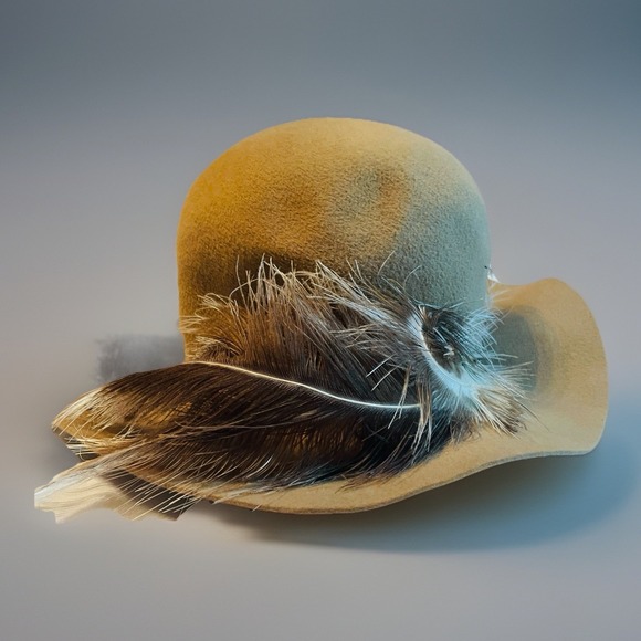Handmade Eddie Ruth Brooks Tan Felt Feather Hat Wide Brim Vintage Style M/L - Picture 2 of 10